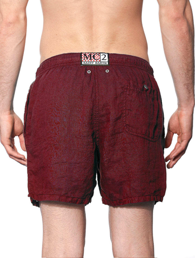 Mc2 Saint Barth Solid Bordeaux Mid-length Linen Swim Shorts In Red