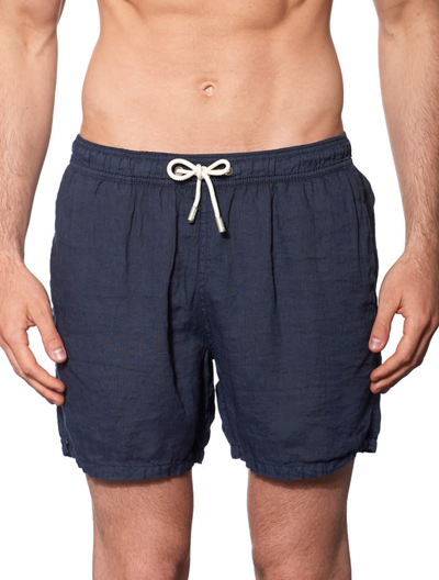 Shop Mc2 Saint Barth Solid Blue Mid-length Linen Swim Shorts