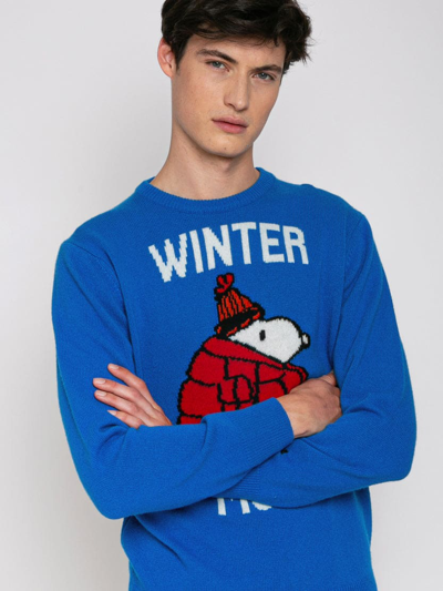 Shop Mc2 Saint Barth Snoopy Winter Mood Man Sweater Peanuts Special Edition In Blue