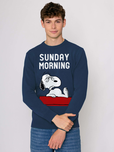 Shop Mc2 Saint Barth Man Sweater With Snoopy Sunday Morning Print Snoopy - Peanuts Special Edition In Blue