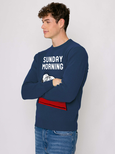 Shop Mc2 Saint Barth Man Sweater With Snoopy Sunday Morning Print Snoopy - Peanuts Special Edition In Blue