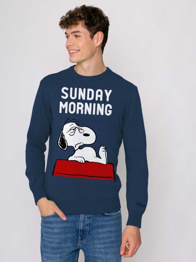 Shop Mc2 Saint Barth Man Sweater With Snoopy Sunday Morning Print Snoopy - Peanuts Special Edition In Blue