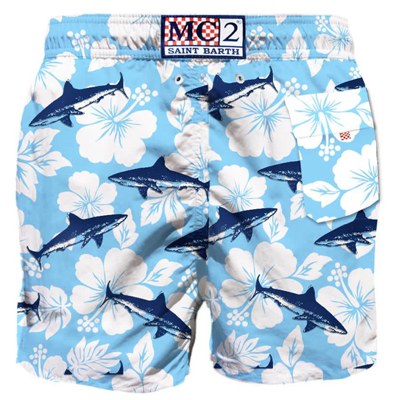 Shop Mc2 Saint Barth Sharks Velvet Print Mid-length Swim Shorts In Blue