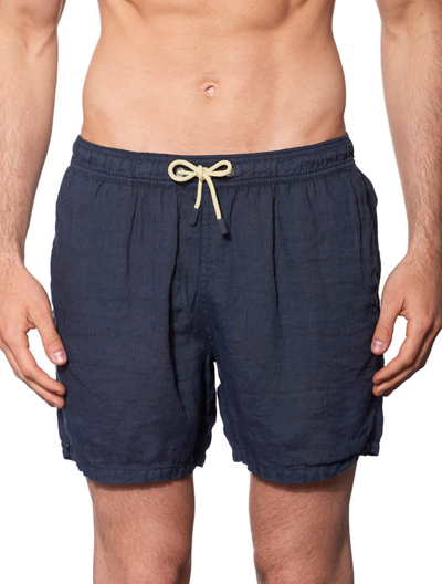 Mc2 Saint Barth Solid Blue Mid-length Linen Swim Shorts In Blue
