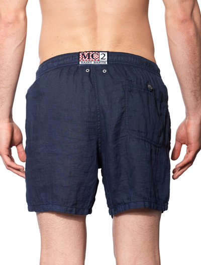 Mc2 Saint Barth Solid Blue Mid-length Linen Swim Shorts In Blue
