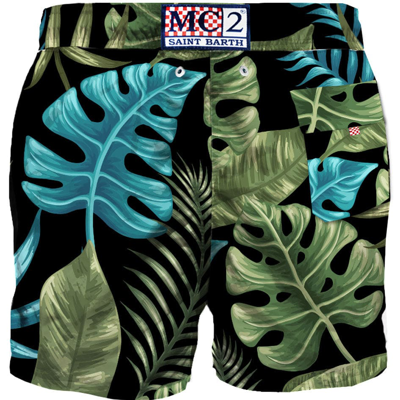 Shop Mc2 Saint Barth Multicolor Tropical Leaves Print Mid-length Swim Shorts In Black