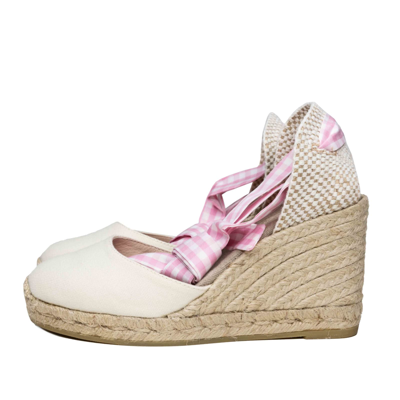 Shop Mc2 Saint Barth Natural Print Canvas Espadrillas With Hight Wedge And Ankle Lace In Brown