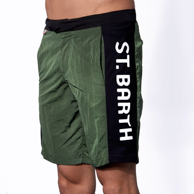 Mc2 Saint Barth Military Green Swim Shorts With Contrast Lateral Band In Green