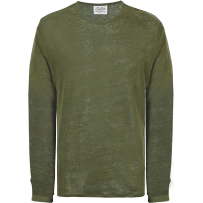 Shop Mc2 Saint Barth Military Green Linen Man T-shirt Long Sleeves
