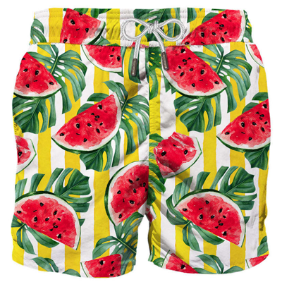 Shop Mc2 Saint Barth Mid-length Swim Shorts With Watermelon Print In Yellow