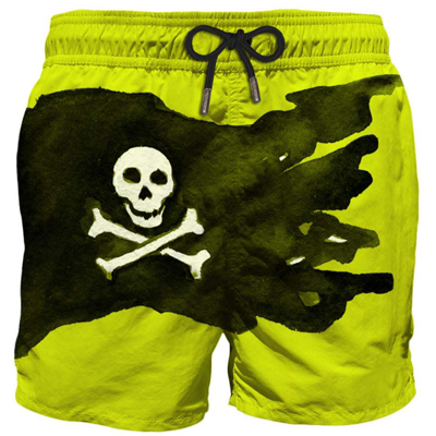 Shop Mc2 Saint Barth Mid-length Swim Shorts With Skull Flag Placed Print In Yellow