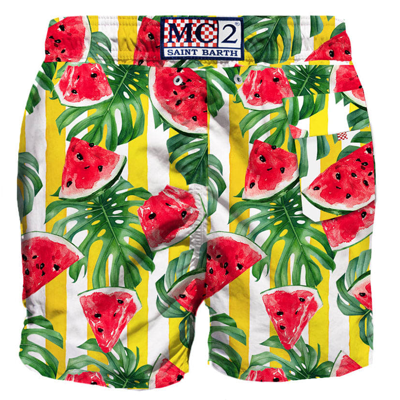 Shop Mc2 Saint Barth Mid-length Swim Shorts With Watermelon Print In Yellow