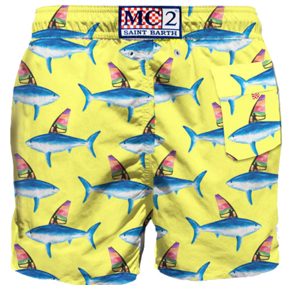 Shop Mc2 Saint Barth Mid-length Swim Shorts With Sharks Print In Yellow