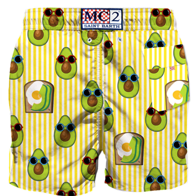 Shop Mc2 Saint Barth Mid-length Swim Shorts Avocado Toast Striped Print In Yellow