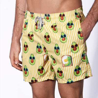 Shop Mc2 Saint Barth Mid-length Swim Shorts Avocado Toast Striped Print In Yellow