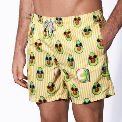 Shop Mc2 Saint Barth Mid-length Swim Shorts Avocado Toast Striped Print In Yellow