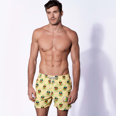 Shop Mc2 Saint Barth Mid-length Swim Shorts Avocado Toast Striped Print In Yellow