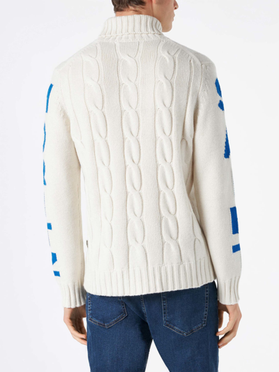 Shop Mc2 Saint Barth Man Turtleneck Braided Sweater With Saint Moritz Print In White