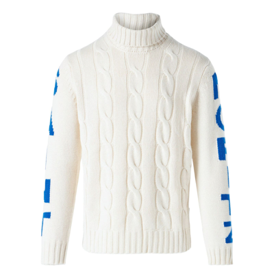 Shop Mc2 Saint Barth Man Turtleneck Braided Sweater With Saint Moritz Print In White