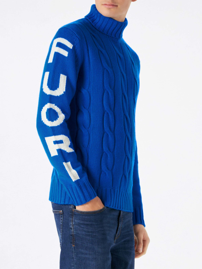 Shop Mc2 Saint Barth Man Turtleneck Braided Sweater With Fuori Pista Print In Blue