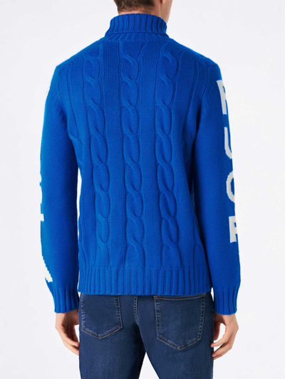 Mc2 Saint Barth Man Turtleneck Braided Sweater With Fuori Pista Print In Blue