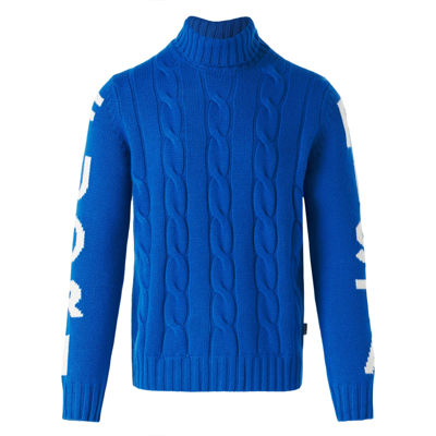 Shop Mc2 Saint Barth Man Turtleneck Braided Sweater With Fuori Pista Print In Blue