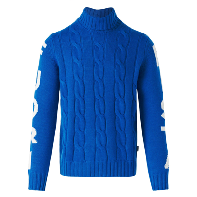 Mc2 Saint Barth Man Turtleneck Braided Sweater With Fuori Pista Print In Blue