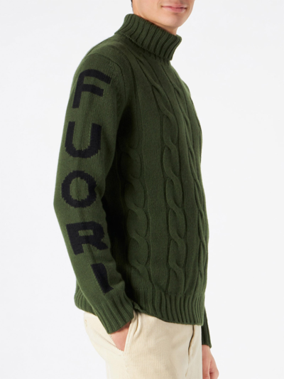 Mc2 Saint Barth Man Turtleneck Braided Sweater With Fuori Pista Print