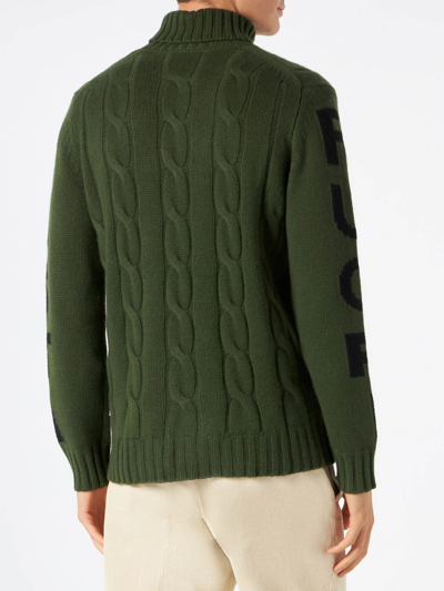 Mc2 Saint Barth Man Turtleneck Braided Sweater With Fuori Pista Print