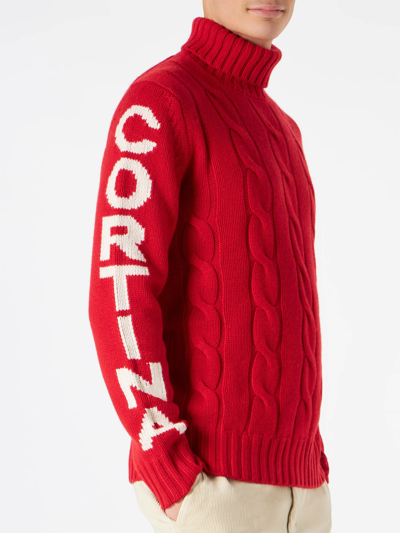 Mc2 Saint Barth Man Turtleneck Braided Sweater With Cortina Ampezzo Print In Red