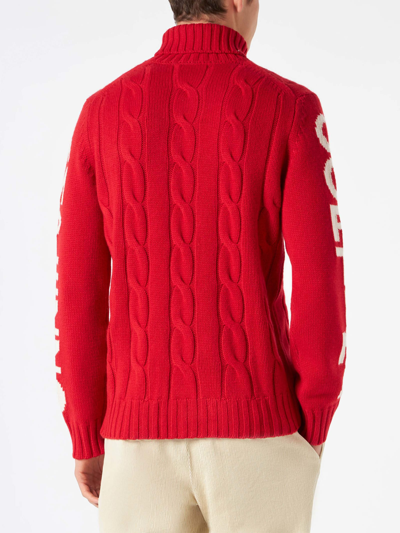 Mc2 Saint Barth Man Turtleneck Braided Sweater With Cortina Ampezzo Print In Red