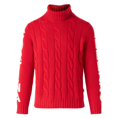 Mc2 Saint Barth Man Turtleneck Braided Sweater With Cortina Ampezzo Print In Red