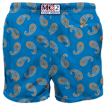 Mc2 Saint Barth Man Swim Shorts With Paisley Print In Blue