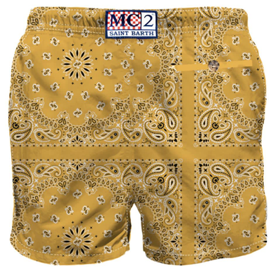 Shop Mc2 Saint Barth Man Swim Shorts With Ochre Bandanna Print In Yellow