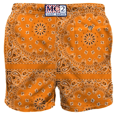 Shop Mc2 Saint Barth Man Swim Shorts With Orange Bandanna Print