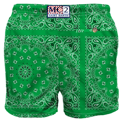 Mc2 Saint Barth Man Swim Shorts With Green Bandanna Print In Green