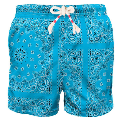 Shop Mc2 Saint Barth Man Swim Shorts With Light Blue Bandanna Print