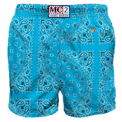 Shop Mc2 Saint Barth Man Swim Shorts With Light Blue Bandanna Print