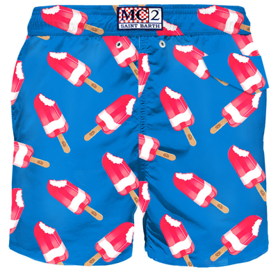 Mc2 Saint Barth Man Swim Shorts With Fior Di Fragola Print Algida® Special Edition In Blue