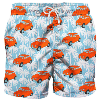 Mc2 Saint Barth Man Swim Shorts With Fiat 500 Car Print Fiat© 500 Special Edition In Blue