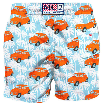 Mc2 Saint Barth Man Swim Shorts With Fiat 500 Car Print Fiat© 500 Special Edition In Blue