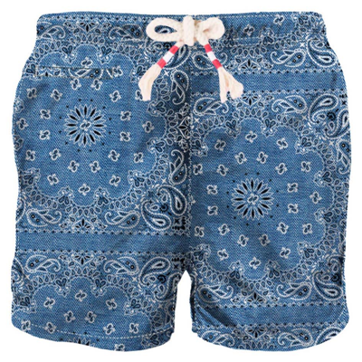 Shop Mc2 Saint Barth Man Swim Shorts With Denim Bandanna Print In Blue