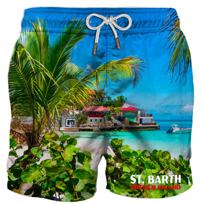 Mc2 Saint Barth Blue Caribbean Island Print Recycled Shell Swim Shorts In Multicolor
