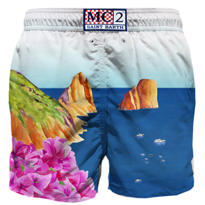 Mc2 Saint Barth Man Swim Shorts With Capri Print In Multicolor