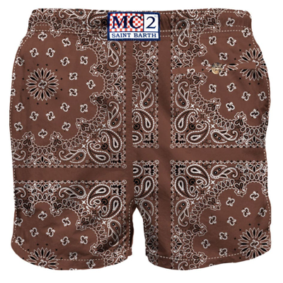 Mc2 Saint Barth Man Swim Shorts With Brown Bandanna Print In Brown