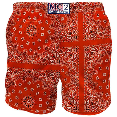 Mc2 Saint Barth Man Swim Shorts With Bandanna Print In Red