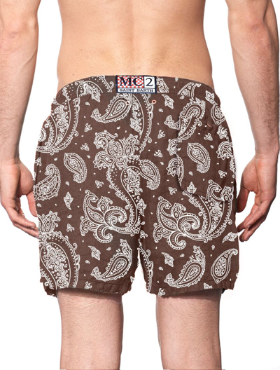 Shop Mc2 Saint Barth Man Linen Swim Shorts With Paisley Print In Brown