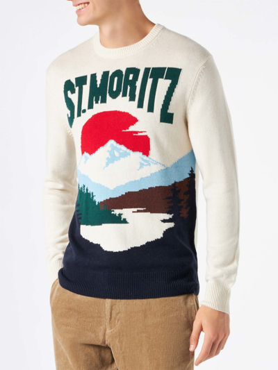Shop Mc2 Saint Barth Man Sweater With St.moritz Postcard Print In White