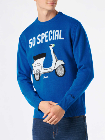 Shop Mc2 Saint Barth Man Sweater With Vespa Print Vespa® Special Edition In Blue