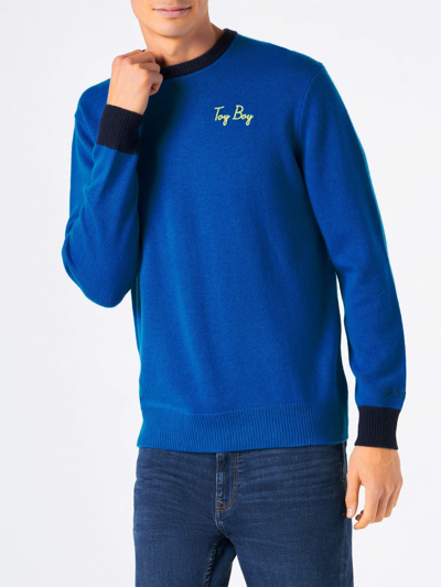 Mc2 Saint Barth Man Sweater With Toy Boy Embroidery In Blue
